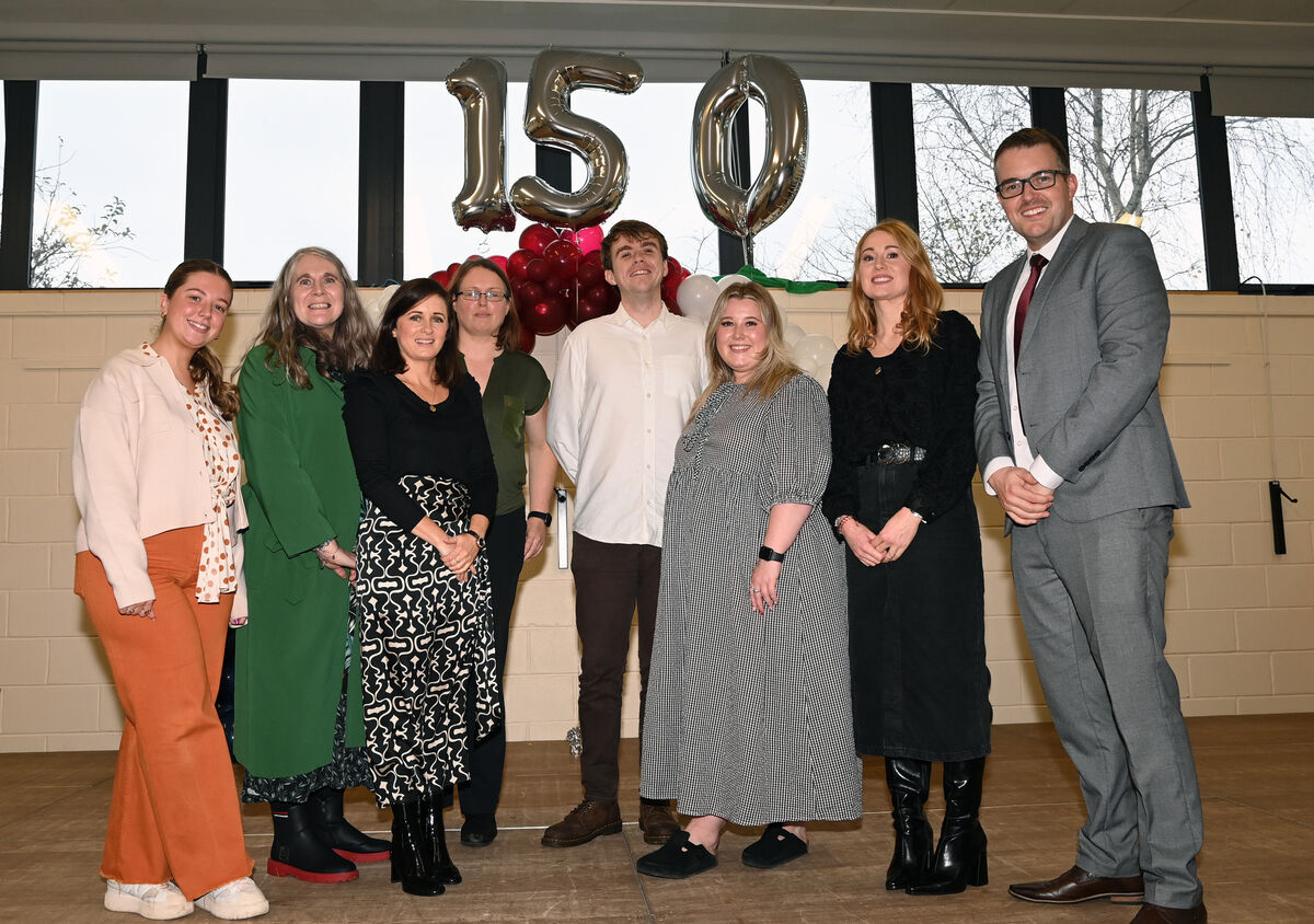 Principal Joe Nolan (right) with past pupils now staff members from left, Ellie Desmond, Chris McDermott, Ciara Dennehy, Evelyn Holland, Tyrone Power, Jess Desmond and Ciara Norris at Brooklodge NS at the 150th celebrations at the school. Picture: Eddie O'Hare