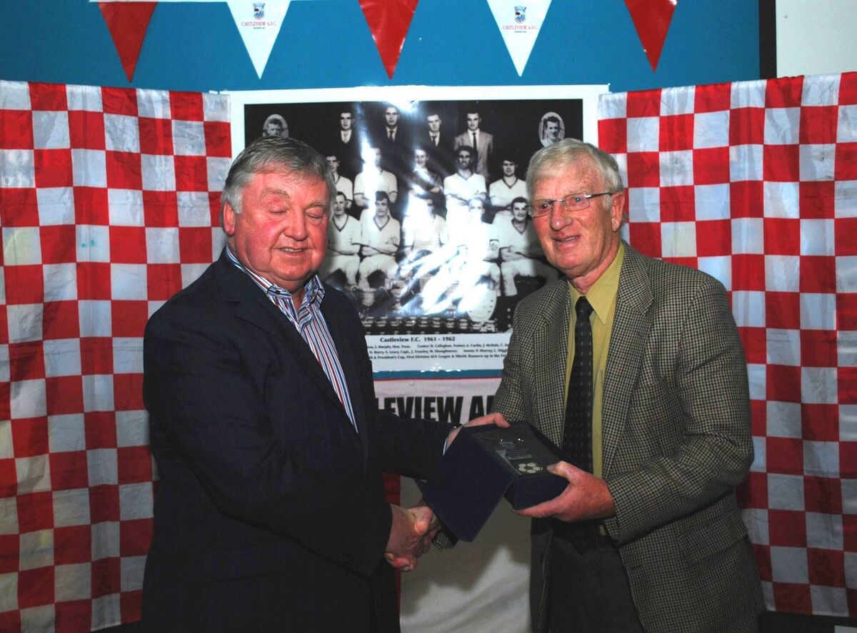 Jack McHale receives his award from Bernard Allen at the Castleview Gathering of the Greats. Picture: Supplied. Jack McHale receives his award from Bernard Allen at the Castleview Gathering of the Greats. Picture: Supplied.