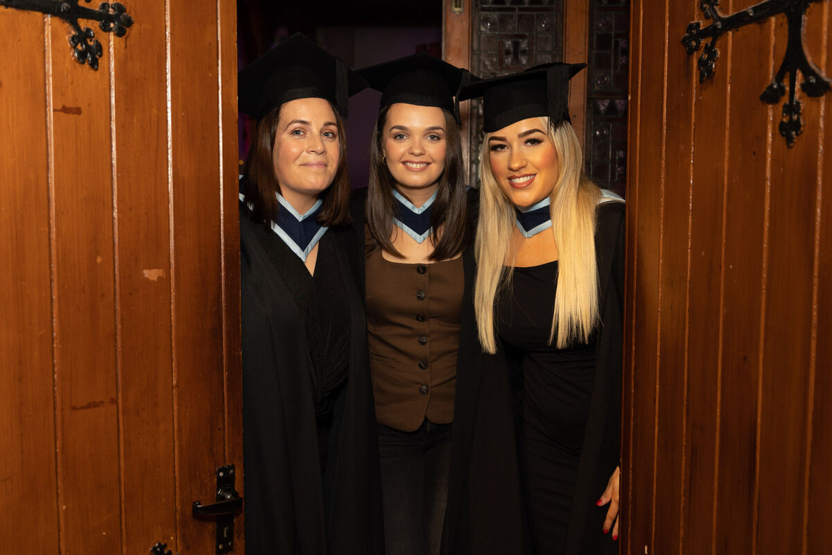TRIO TRIUMPH: Pharmaceutical Manufacturing graduates: Una Darcy, Waterford, Jessica Healy, Clare, and Kelly McAuliffe, Whitechurch, at the 2024 Griffith College Cork graduations.