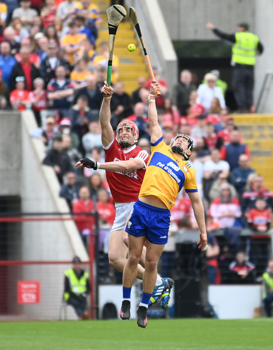  Cork's Ciarán Joyce goes high with Clare's David Reidy during the Munster SHC game at SuperValy Páirc Uí Chaoimh in April. Picture: Eddie O'Hare