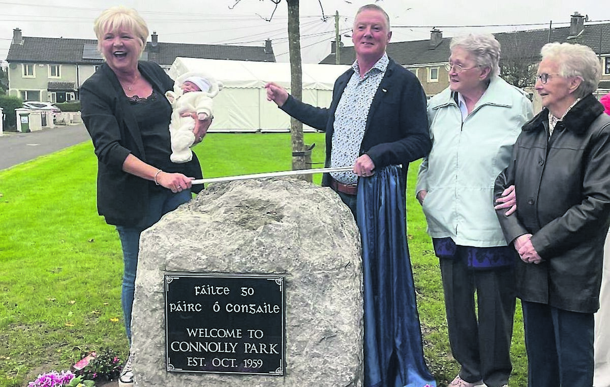 The Connolly Park commemorative committee hosted a celebration earlier this month to mark 65 years of the park. Organisers and residents Brian and Margaret Sheehan, holding eight-day-old Ella Hogan, pictured unveiling a new stone and plaque, alongside fellow residents Terry O’Brien, who is in her 80s, and Peggy Irwin, who is in her 90s. The Connolly Park commemorative committee hosted a celebration earlier this month to mark 65 years of the park. Organisers and residents Brian and Margaret Sheehan, holding eight-day-old Ella Hogan, pictured unveiling a new stone and plaque, alongside fellow residents Terry O’Brien, who is in her 80s, and Peggy Irwin, who is in her 90s.
