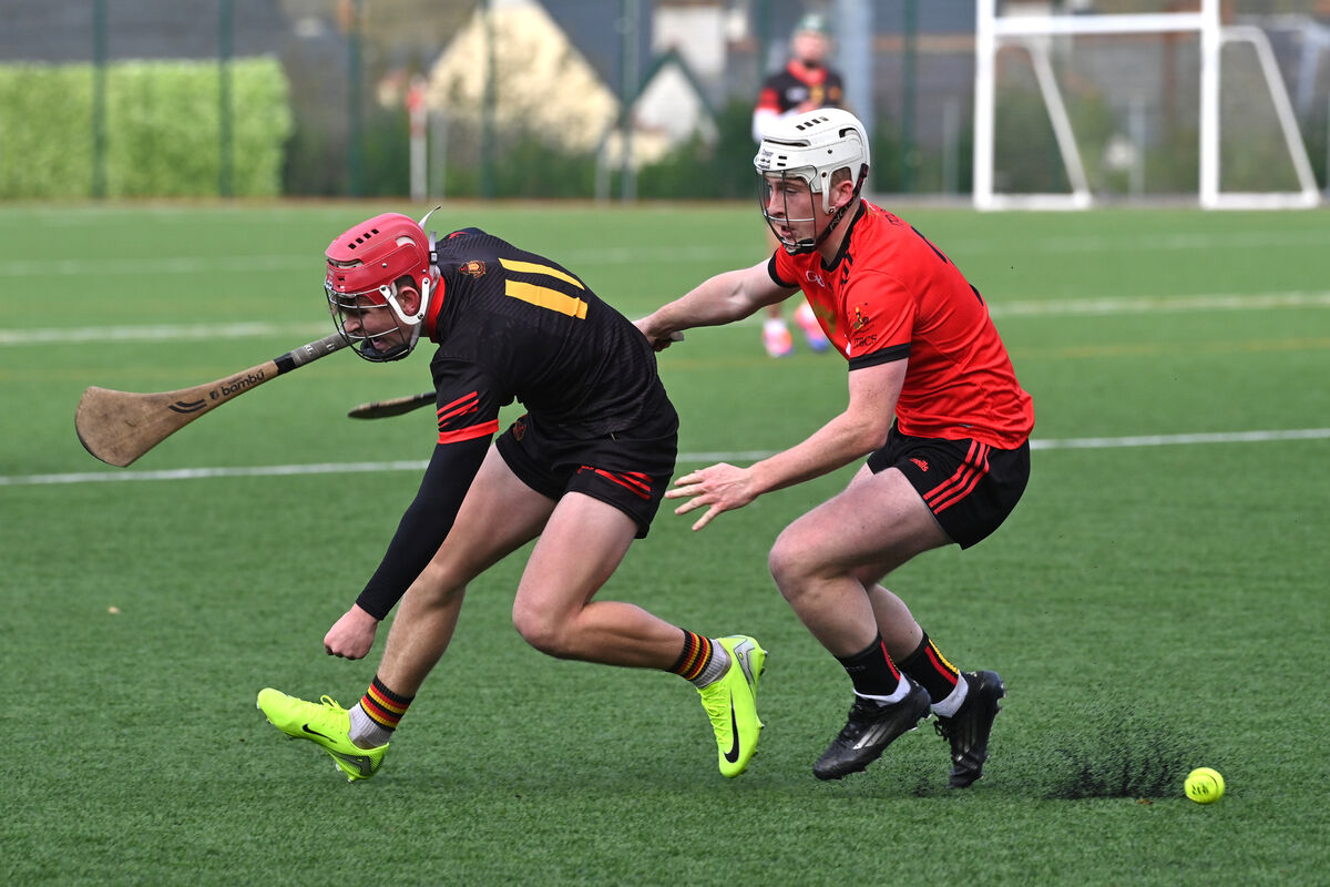  Eoghan O'Shea, CBC, Cork looking to pick up the sliotar under pressure from Niall McNamara, John The Baptist Community School in their TUS Dr Harty Cup group 1 match at Banteer, Co Cork. Picture Dan Linehan