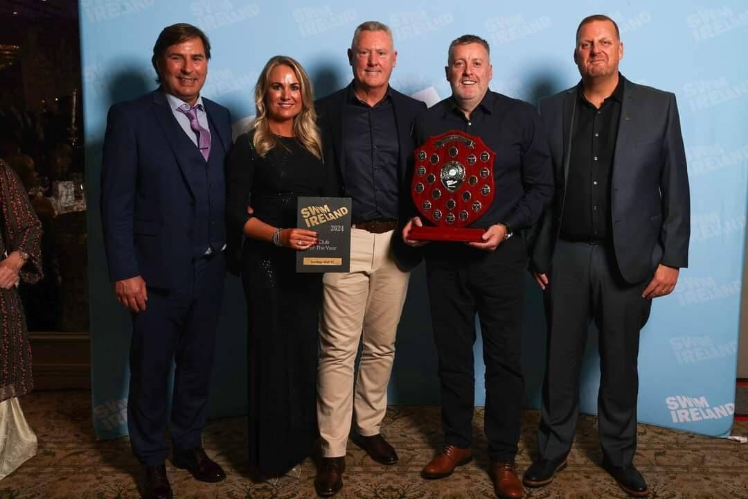 SWSC Vice Chair, Triona Carroll, Head Coach, Richard Cassidy and Cllub Chairman, Derek Kidney with the Swim Ireland Club of the Year Awards. Pictured with Head Coach NCL, John Szaranek and Swim Ireland National Performance Director, Jon Rudd at the Swim Ireland Awards 2024, Donboyne Castle Hotel, Co Meath Mandatory Credit ©INPHO/Bryan Keane