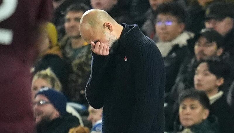 Manchester City manager Pep Guardiola reacts during the Premier League match against Brighton at American Express Stadium, Brighton. Picture: Adam Davy/PA Wire.