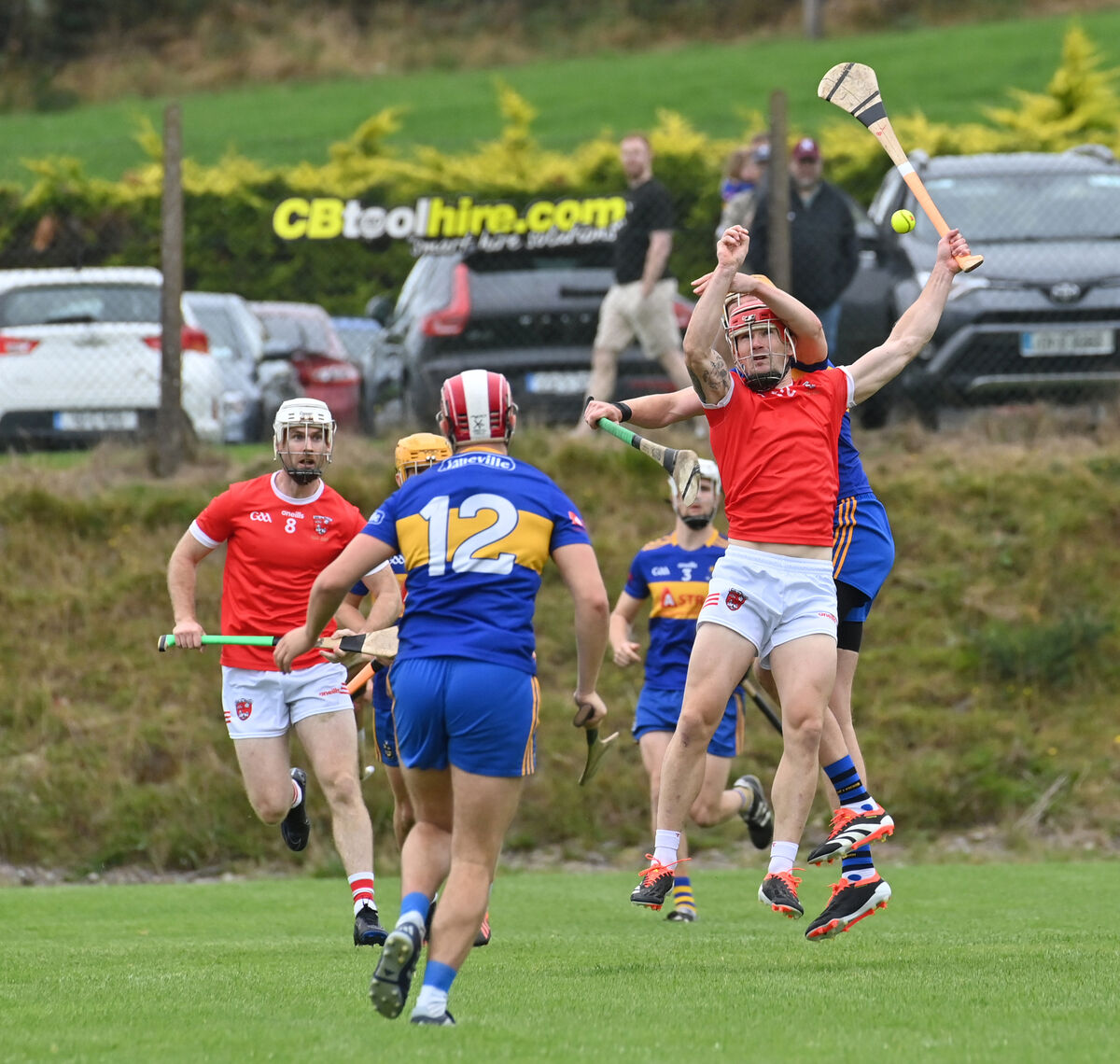 Barry Lawton, Castlemartyr, wins this high ball watched by Finn O'Connell, Carrigaline. Picture: Dan Linehan Barry Lawton, Castlemartyr, wins this high ball watched by Finn O'Connell, Carrigaline. Picture: Dan Linehan