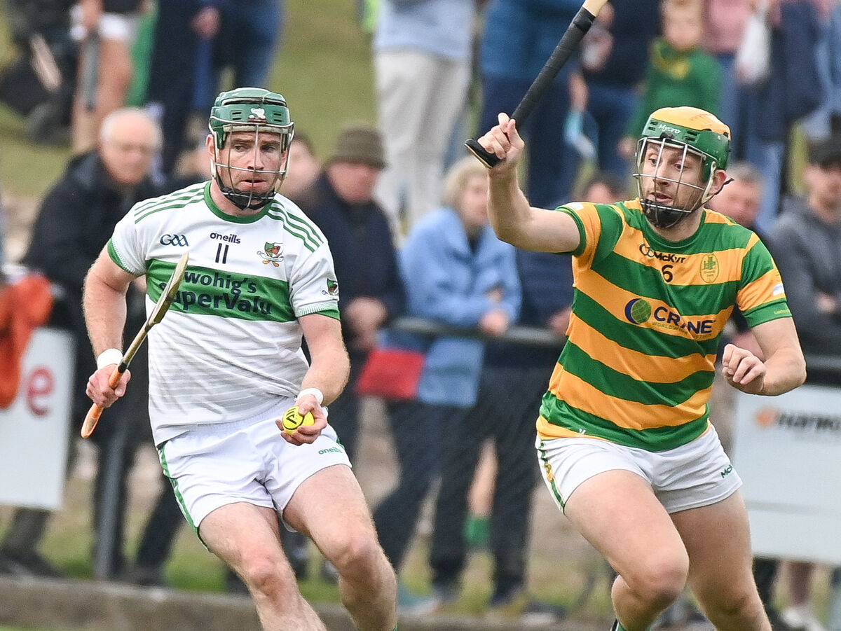 Kanturk's Lorcan O'Neill wins possession as Blackrock's Alan O'Callaghan closes in. Picture: David Keane. Kanturk's Lorcan O'Neill wins possession as Blackrock's Alan O'Callaghan closes in. Picture: David Keane.
