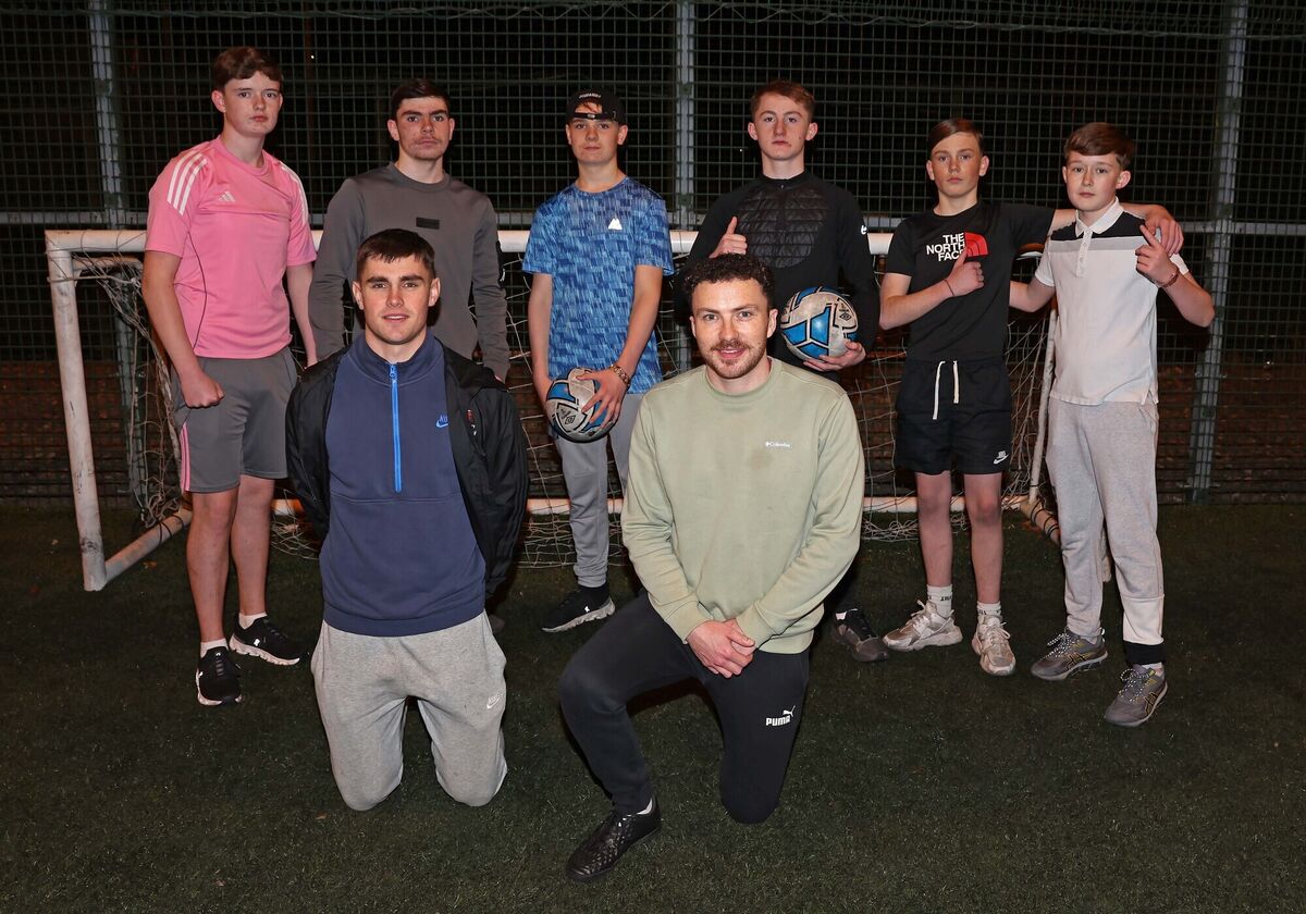 Front: Niall Lynch, FAI Mainstream, Joe Curtin, youth worker. Back: James Power, Kieran Curran, Anthony Sexton, Martin O’Reilly, Tony Casey, and Daniel Power, during The Hut One World Week Sustainable Development Goals (SDG) Football Tournament in Churchfield.