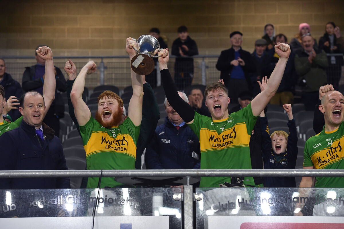Kilmurry joint captains William Ronan and Fionn Warren holding the trophy aloft after their victory over Cobh in the County JAFC final in 2022. Picture: Dan Linehan Kilmurry joint captains William Ronan and Fionn Warren holding the trophy aloft after their victory over Cobh in the County JAFC final in 2022. Picture: Dan Linehan