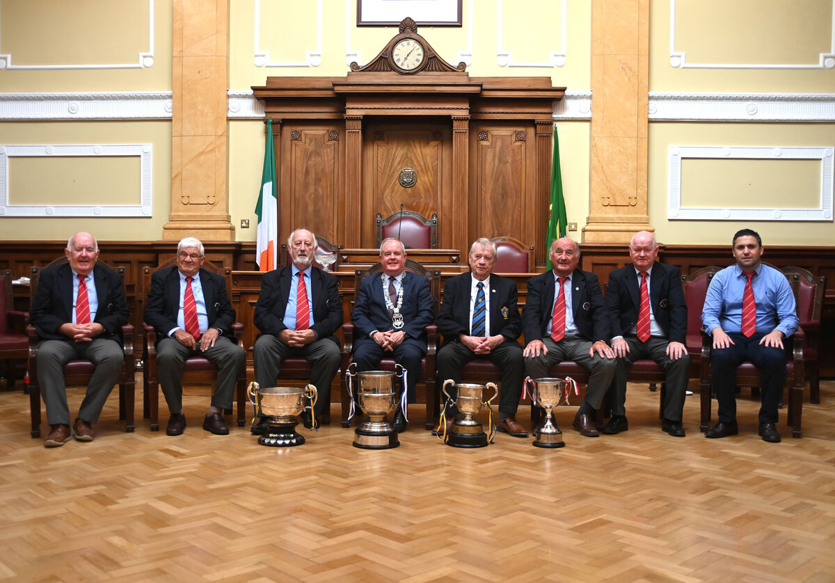 Cllr Terry Shannon, deputising for the Lord Mayor with Peadar O'Leary, Christy Byrne, Sean O'Sullivan, Chairperson, Denis Carroll, President, Douglas Hall, Richie Browne, Denis Crowley and James Fogarty of Cork Youth Leagues at the reception for the league and club's national success. Picture: Larry Cummins