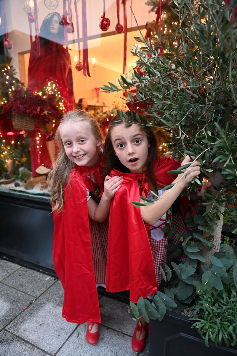  She's behind you........Robyn O'Riordan and Grace O'Halloran who will alternate playing Little Red Riding Hood in the Everyman &amp; CADA production of Red Riding Hood at the Everyman Christmas Panto. Pic Larry Cummins