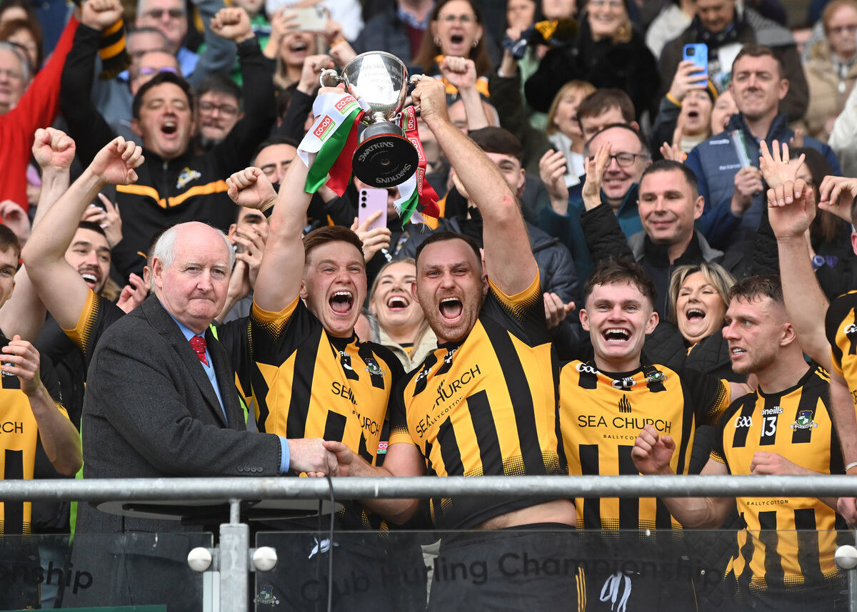 Russell Rovers' Eoghan O'Sullivan and Ciarán Sheehan raise the Jimmy O'Mahony Cup after defeating St Catherine's in the Co-Op SuperStores Premier JHC final earlier this month. Picture: Eddie O'Hare Russell Rovers' Eoghan O'Sullivan and Ciarán Sheehan raise the Jimmy O'Mahony Cup after defeating St Catherine's in the Co-Op SuperStores Premier JHC final earlier this month. Picture: Eddie O'Hare