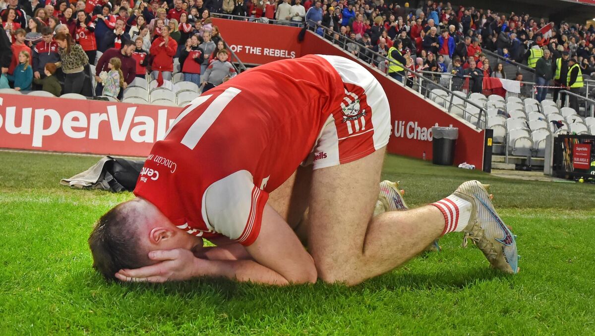 Watergrasshill captain Seán Desmond drops to his knees after defeating Carrigaline in the Co-Op SuperStores Cork PIHC final. Picture: Eddie O'Hare