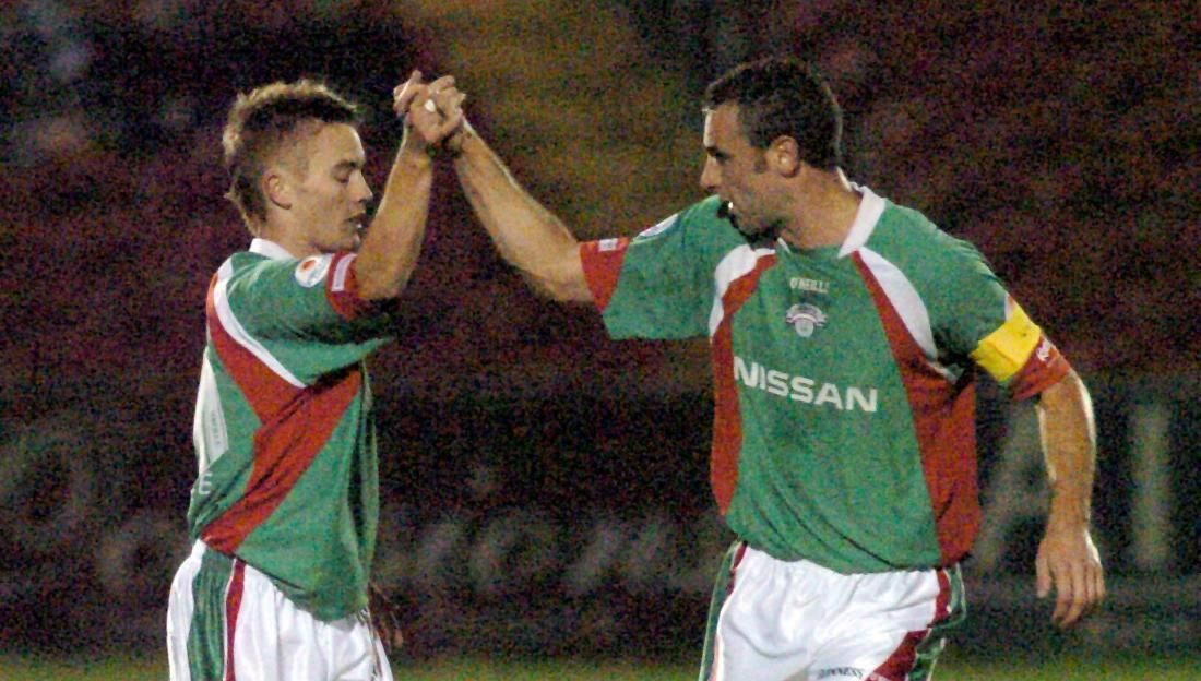 Cork City's Liam Kearney celebrating his goal against Longford with Dan Murray during the Eircom Premier League game at Turner's Cross.