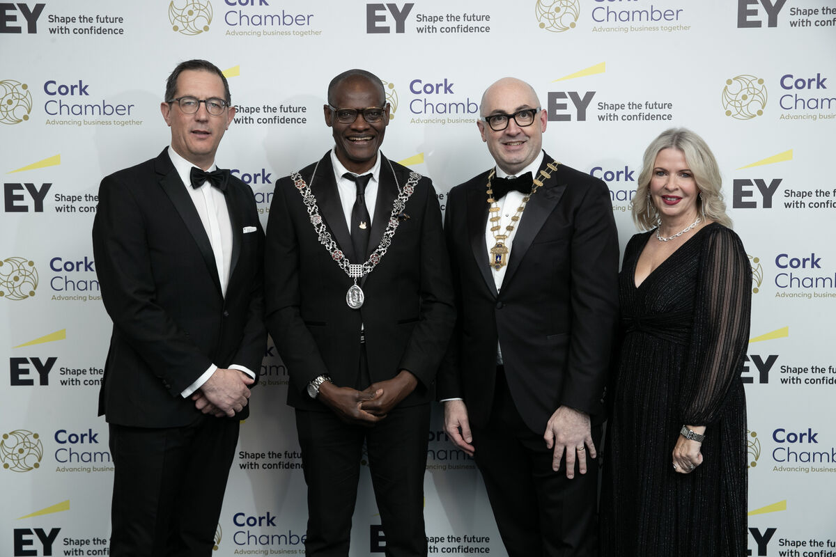 Conor Healy, Cork Chamber CEO, Cllr. Honore Kamegni, Deputy Lord Mayor of Cork, Rob Horgan, Cork Chamber President and Valerie O'Sullivan, CEO Cork City Council. Conor Healy, Cork Chamber CEO, Cllr. Honore Kamegni, Deputy Lord Mayor of Cork, Rob Horgan, Cork Chamber President and Valerie O'Sullivan, CEO Cork City Council.
