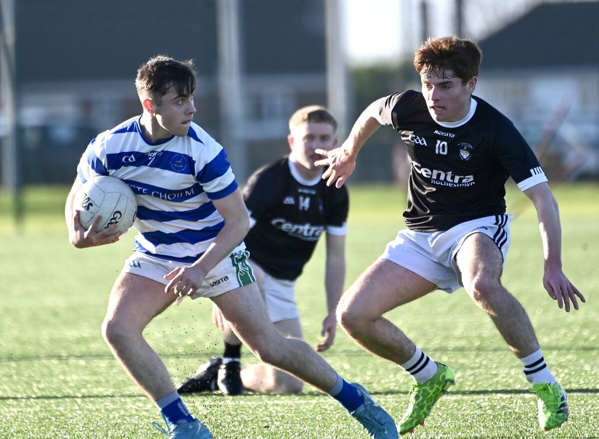 Ethan Donovan of Coláiste Choilm looks to evade Evan Cummins of St Francis College Rochestown. Picture: Larry Cummins Ethan Donovan of Coláiste Choilm looks to evade Evan Cummins of St Francis College Rochestown. Picture: Larry Cummins