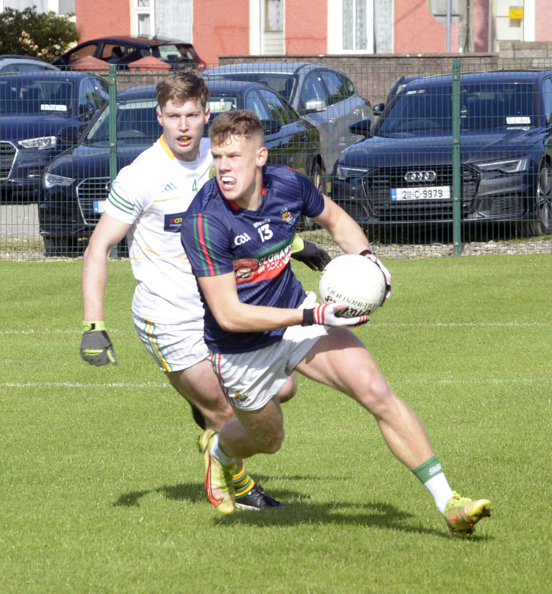 Clonakilty's Darragh Gough avoiding the challenge of Joe Golden, St Michael's in the PSFC group stages. Picture: Denis Boyle