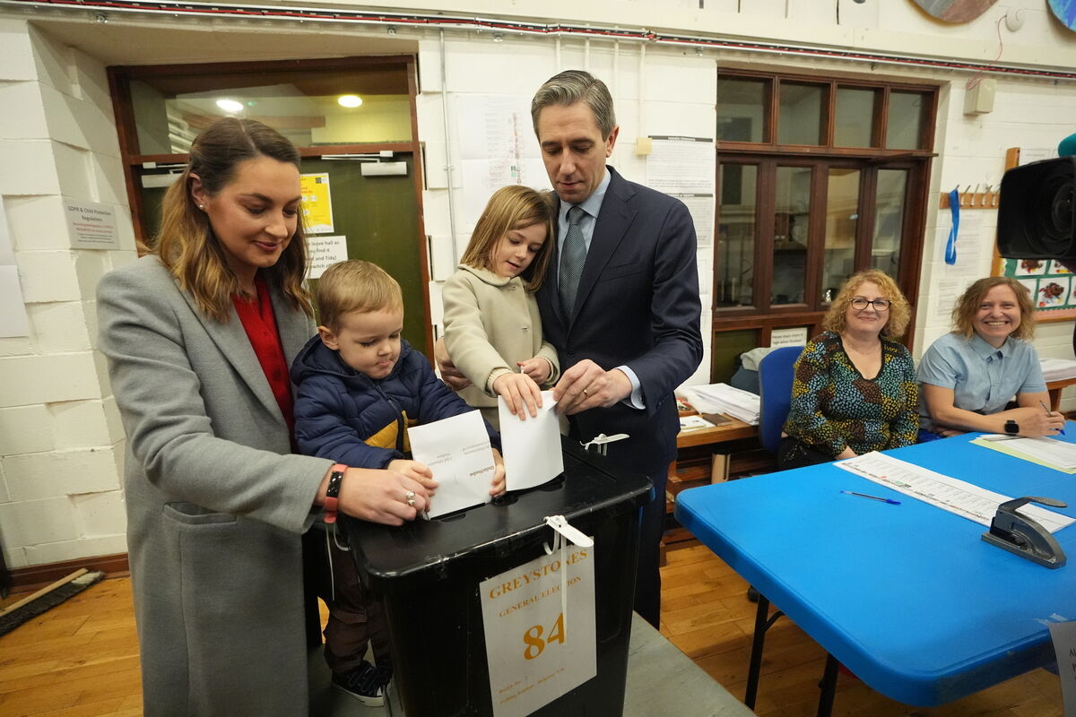 Taoiseach and Fine Gael leader Simon Harris casts his vote at Delgany National School, County Wicklow, as voters go to the polls for the 2024 General Election. 