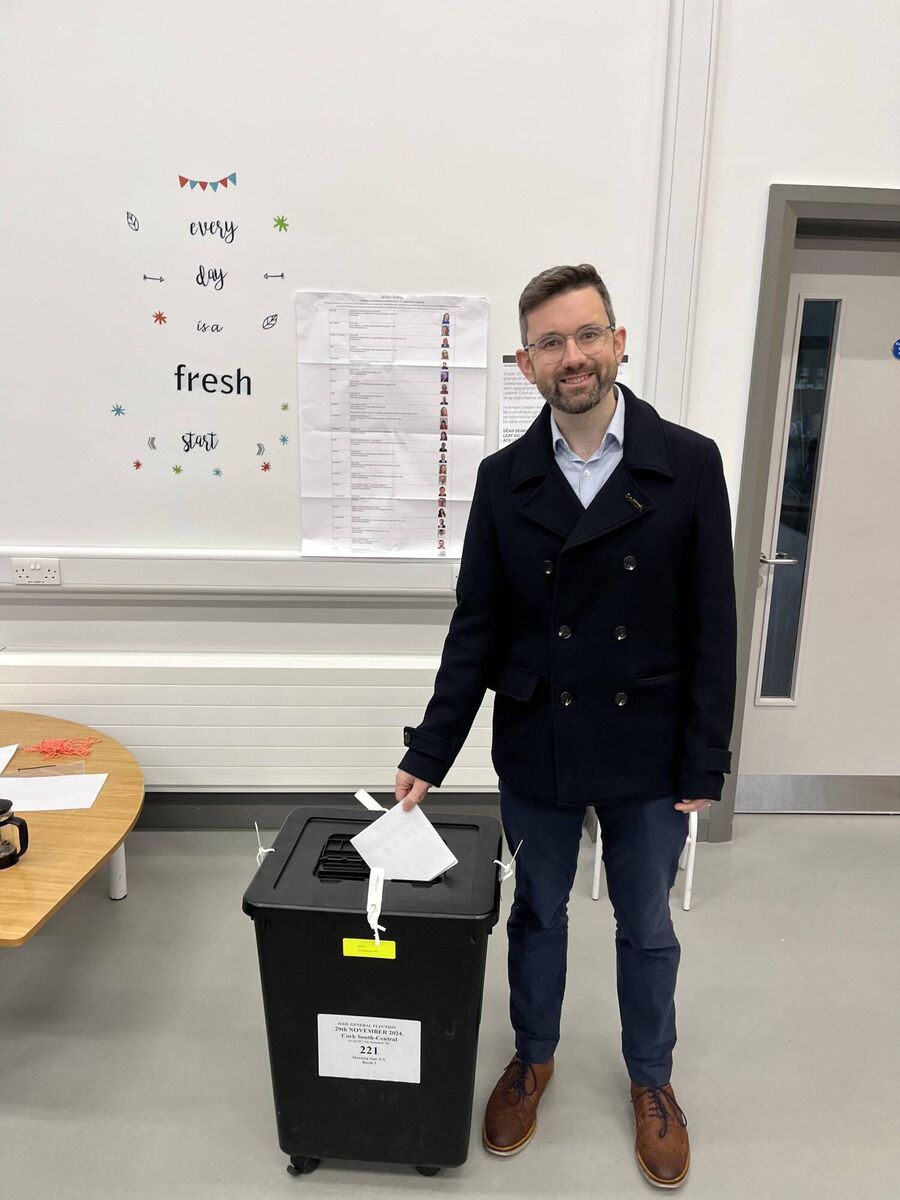 Councillor Pádraig Rice, general election candidate for the Social Democrats in Cork South Central voting in Morning Star Primary School in Ballyphehane, Cork. 
