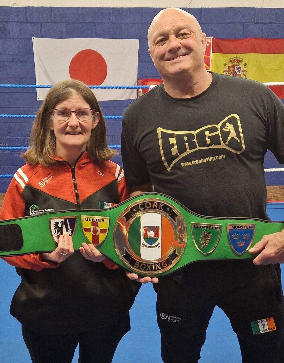Cork Boxing: De Courcey president Margeret Hayes and De courcey head coach Will Rossall showcasing the belts that will be up for grabs on the big show in 2025. Cork Boxing: De Courcey president Margeret Hayes and De courcey head coach Will Rossall showcasing the belts that will be up for grabs on the big show in 2025.