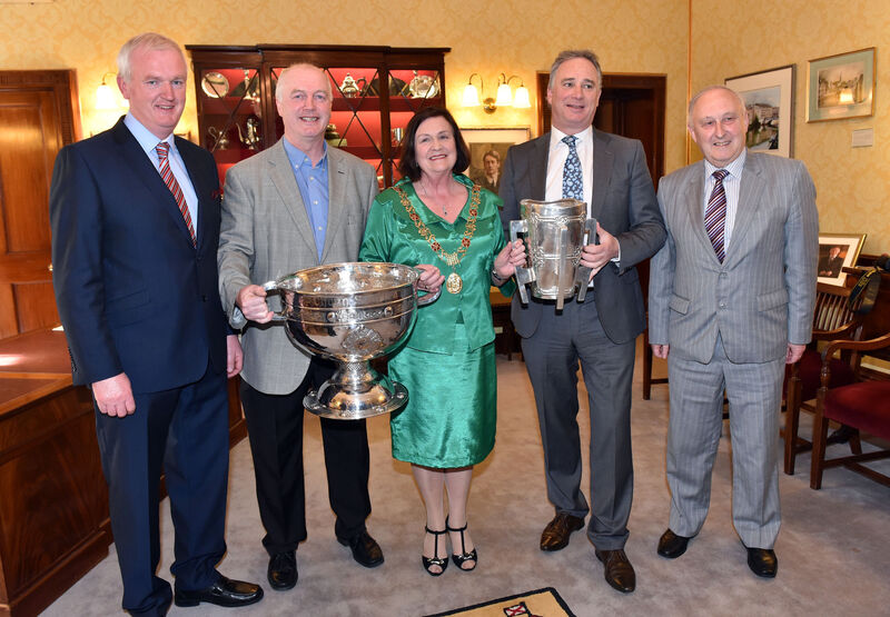 Cork GAA double winning captains from 1990 Larry Tompkins and Tomas , with the Lord mayor Cllr Mary Shields, County board chairman Ger Lane and secretary Frank Murphy at the civic reception for the winning teams from 25 years ago at the Cork City Hall.