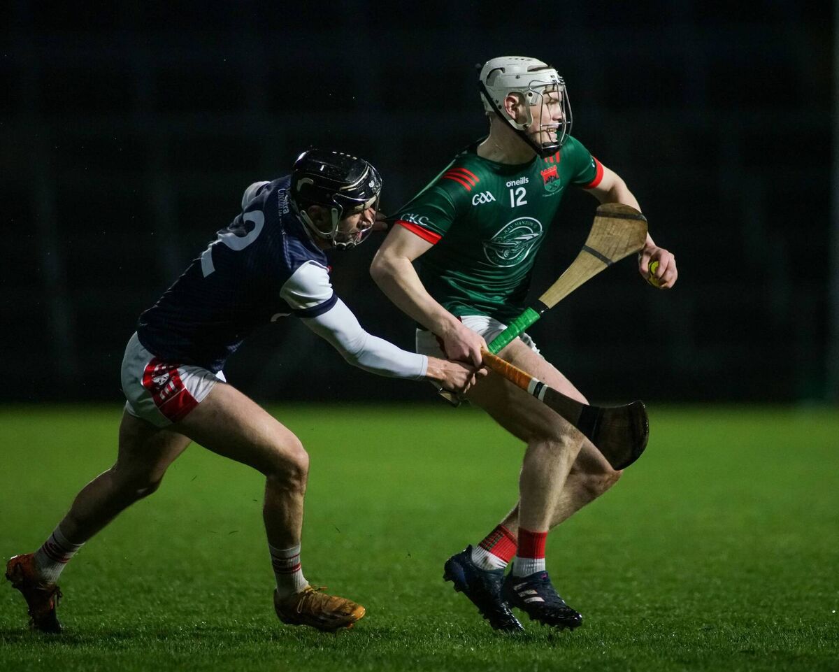 Watergrasshill's Shane Field challenges Oisín O'Donoghue of Cashel King Cormacs in Saturday's AIB Munster Club IHC final at TUS Gaelic Grounds. Picture: Pádraig Hogan