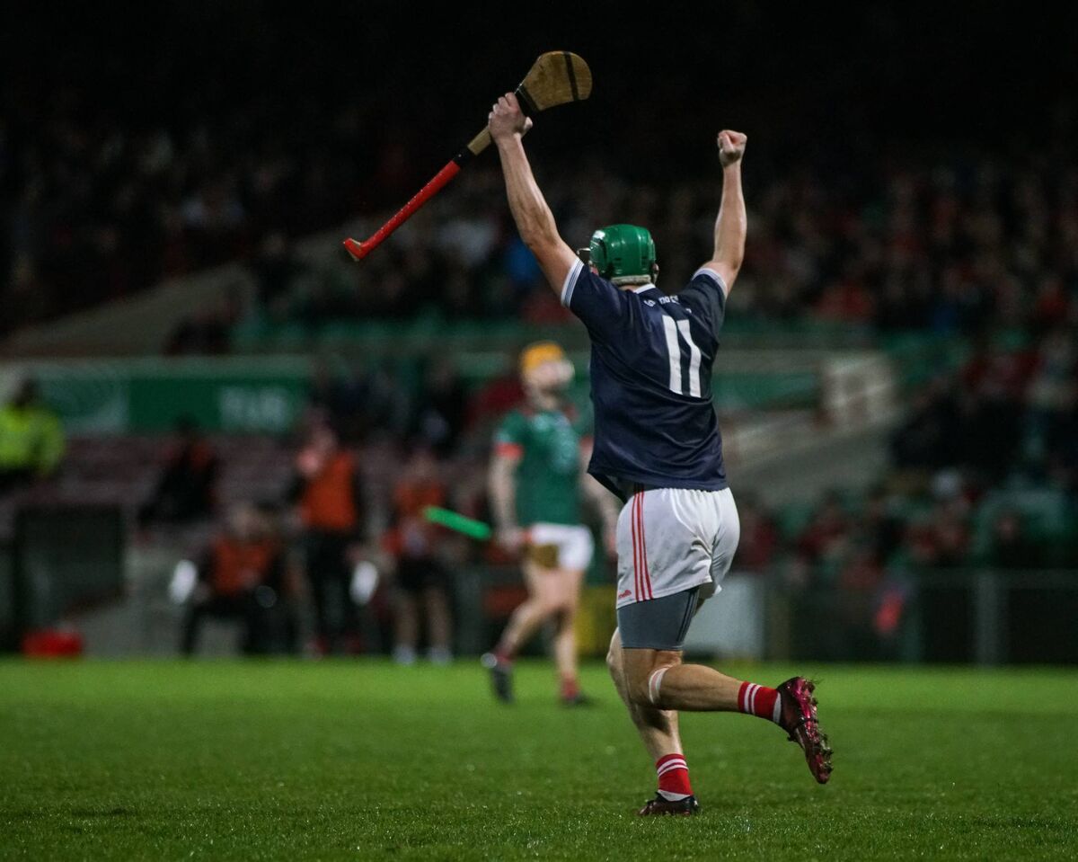 Celebration time for Watergrasshill marksman Adam Murphy after hitting the net in the Munster final. Picture: Padraig Hogan.