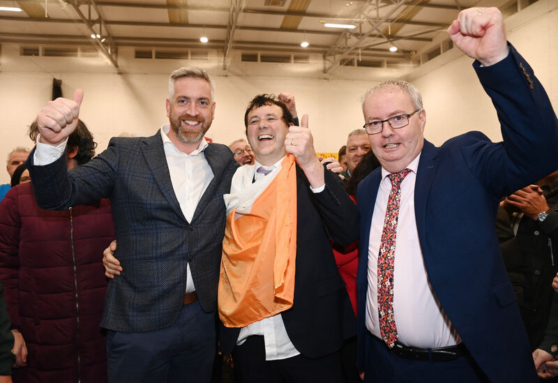 Fianna Fáil candidates Christopher O'Sullivan, Cork South West with Aindrias Moynihan and Michael Moynihan, Cork North West who were elected at the count centre in Mallow GAA. Picture: Eddie O'Hare Fianna Fáil candidates Christopher O'Sullivan, Cork South West with Aindrias Moynihan and Michael Moynihan, Cork North West who were elected at the count centre in Mallow GAA. Picture: Eddie O'Hare