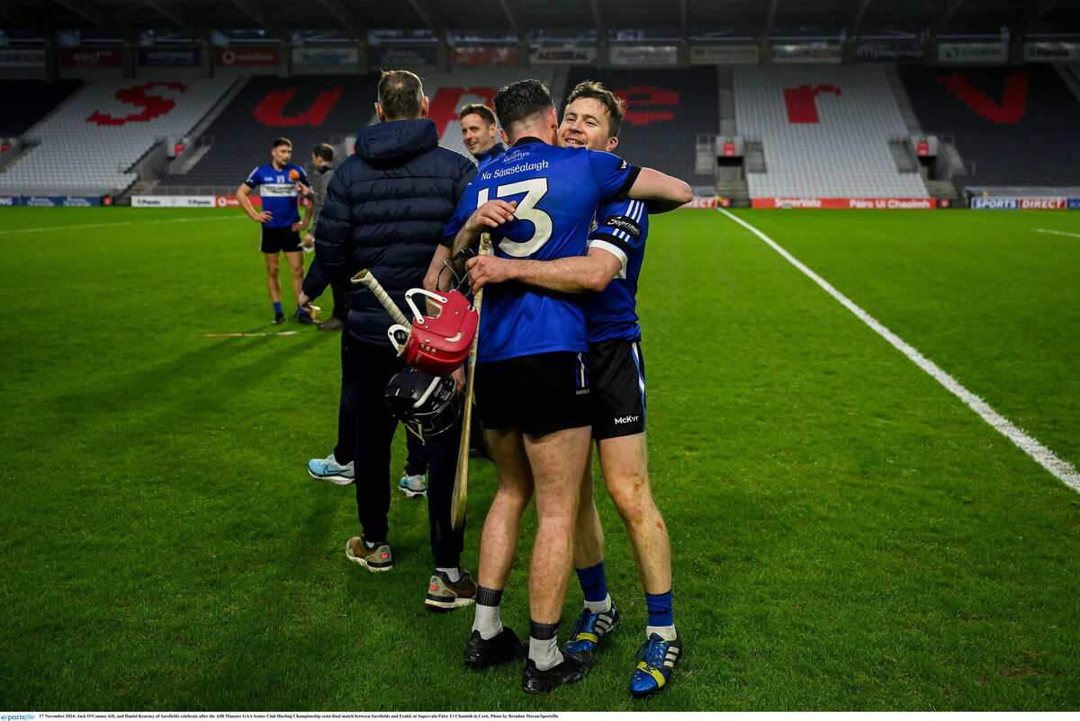 Jack O’Connor and Daniel Kearney of Sarsfields celebrate after beating Feakle. Picture: Brendan Moran/Sportsfile