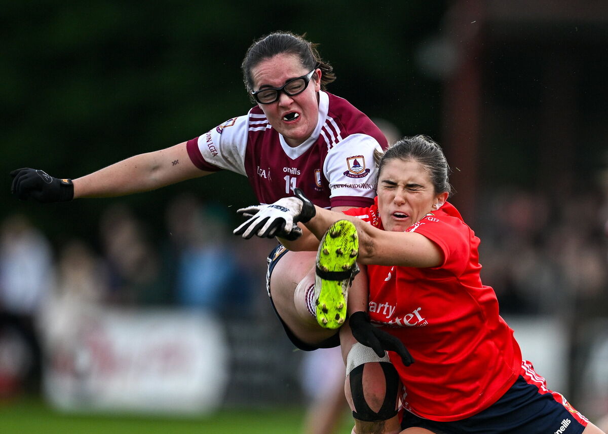 Ciara McCarthy of Annaghdown gets a shot away despite the block-down attempt of Sarah Hurley of O'Donovan Rossa. Picture: Brendan Moran/Sportsfile Ciara McCarthy of Annaghdown gets a shot away despite the block-down attempt of Sarah Hurley of O'Donovan Rossa. Picture: Brendan Moran/Sportsfile