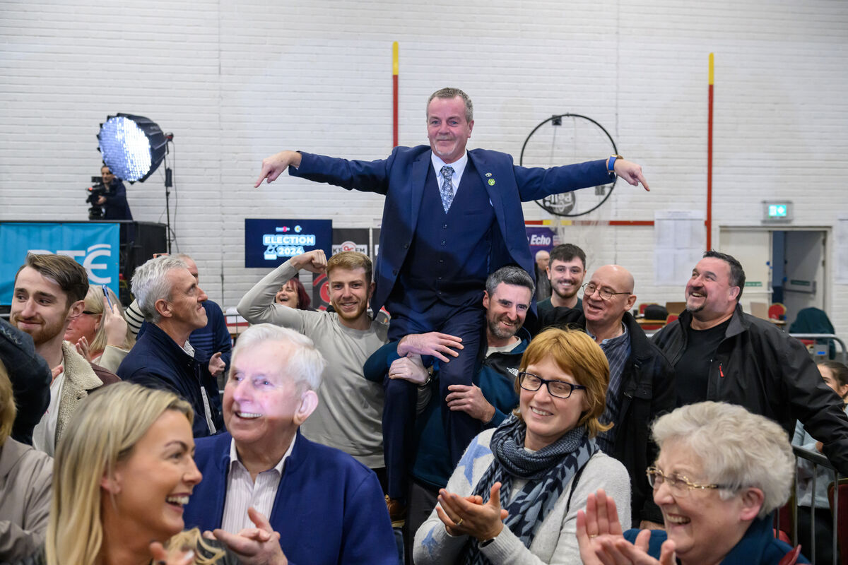 Sinn Féin's Pat Buckley, Cork East celebrates his election at the Mallow Count Centre in the GAA Complex, Mallow, Co Cork. Picture Dan Linehan. Sinn Féin's Pat Buckley, Cork East celebrates his election at the Mallow Count Centre in the GAA Complex, Mallow, Co Cork. Picture Dan Linehan.