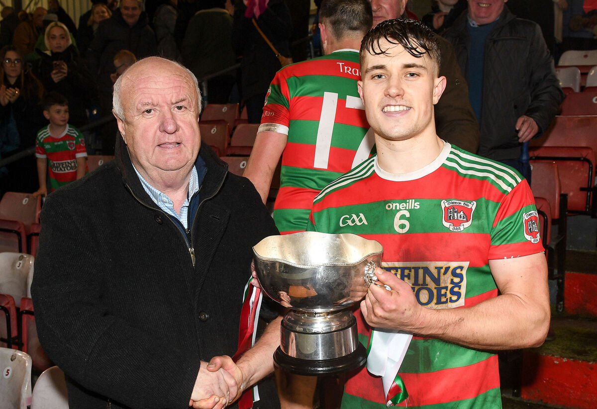 Cork County Board vice-chairman Noel O'Callaghan presenting the cup to Tracton captain Rory Sinclair. Picture: David Keane. Cork County Board vice-chairman Noel O'Callaghan presenting the cup to Tracton captain Rory Sinclair. Picture: David Keane.