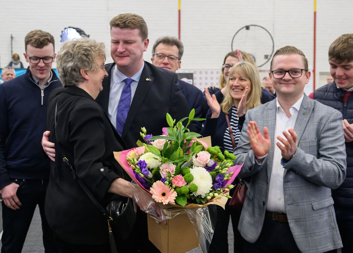  Fianna Fáil's James O'Connor Cork East celebrates with his mother Catherine and Councillor Patrick Mulcahy after his election at the Mallow Count Centre in the GAA Complex, Mallow, Co Cork. Picture: Dan Linehan.