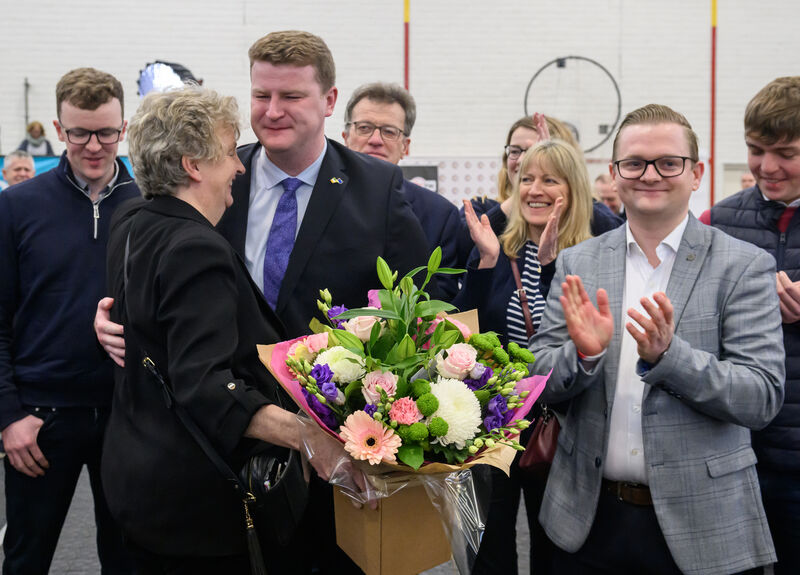  Fianna Fáil's James O'Connor Cork East celebrates with his mother Catherine and Councillor Patrick Mulcahy after his election at the Mallow Count Centre in the GAA Complex, Mallow, Co Cork. Picture: Dan Linehan.
