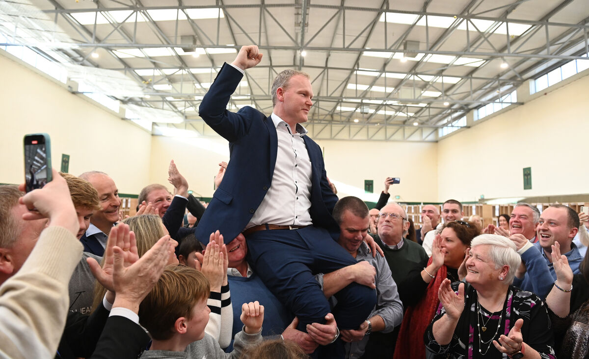  Celebrations for newly elected TD Seamus McGrath, taking the seat of his departing brother and now EU Commissoner Michael McGrath at the general election count centre at Nemo Rangers on Sunday afternoon. Pic Larry Cummins #GE24