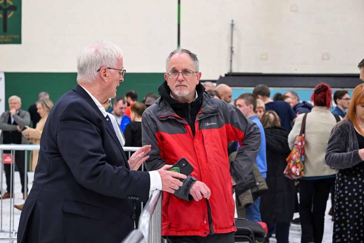 Returning Officer in the Nemo Count centre Martin Harvey and People Before Profit-Solidarity’s Mick Barry pictured discussing the recount which began on Monday. Picture: Chani Anderson