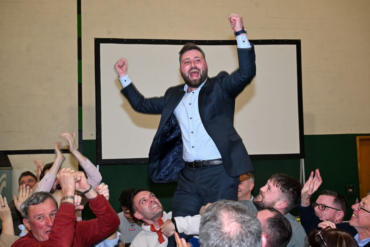 Labour’s Eoghan Kenny pictured celebrating in Cork North Central minutes before Martin Harvey announced a recount as requested by People Before Profit-Solidarity’s Mick Barry. The recount was subsequently called off and Mr Kenny was deemed elected. Picture Chani Anderson