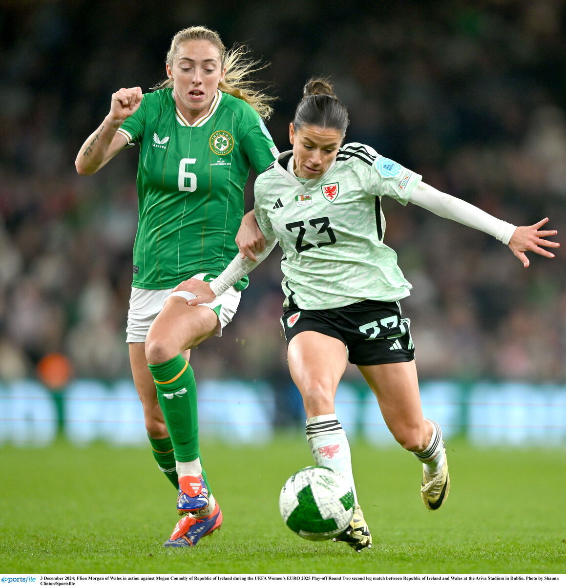 Ffion Morgan of Wales in action against Megan Connolly. Picture: Shauna Clinton/Sportsfile