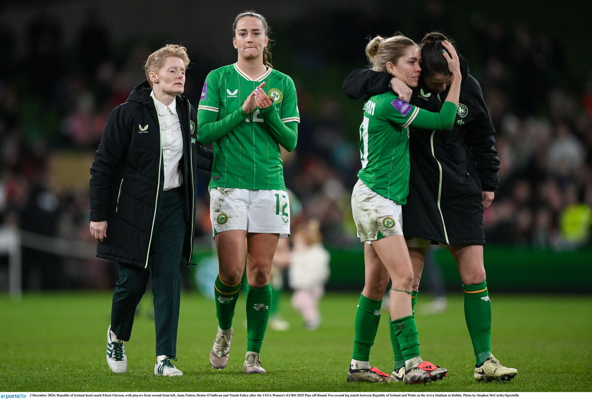 head coach Eileen Gleeson, with Anna Patten, Denise O'Sullivan and Niamh Fahey after losing to Wales. Picture: Stephen McCarthy/Sportsfile