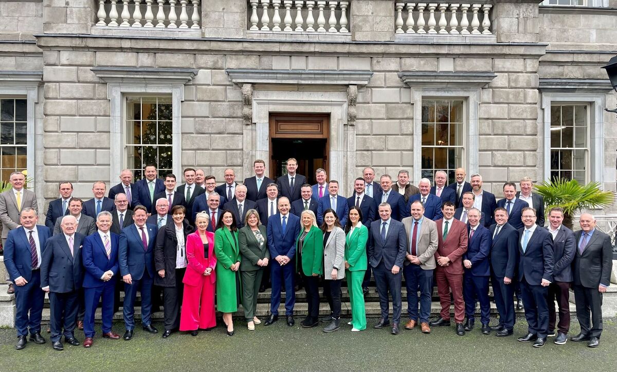 Fianna Fail leader Micheál Martin (centre) with his TDs outside Leinster House in Dublin. Photo: David Young/PA Wire