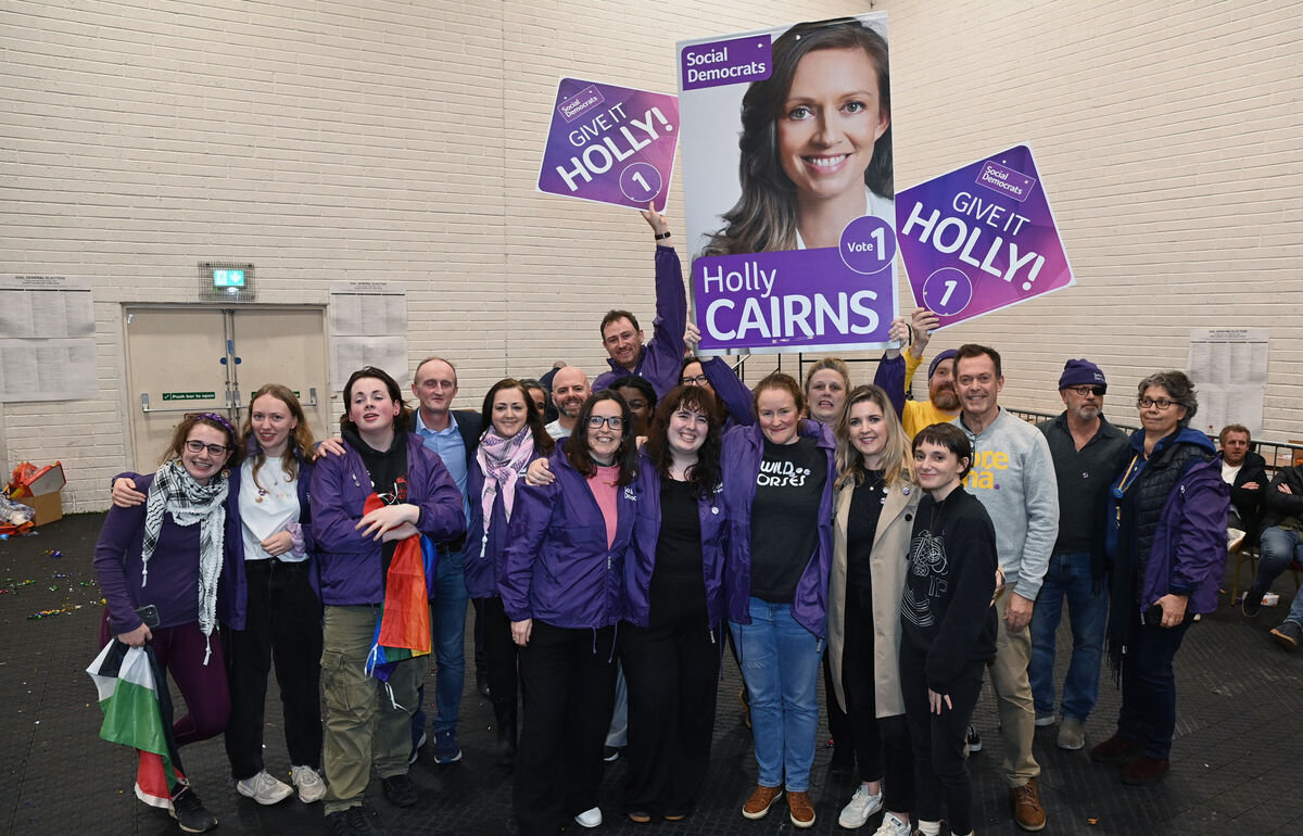 Holly Cairns supporters , show their delight in her absence when she was elected in Cork South West at the count centre in Mallow GAA. Picture: Eddie O'Hare