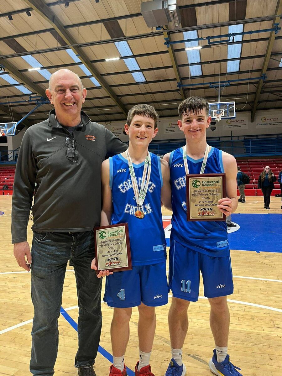 Cork Basketball: Coláiste Choilm coach Francis O'Sullivan with Daithí and Tadhg Murphy after a Basketball Ireland PPS South U19 and U16 A double at Neptune Stadium. Cork Basketball: Coláiste Choilm coach Francis O'Sullivan with Daithí and Tadhg Murphy after a Basketball Ireland PPS South U19 and U16 A double at Neptune Stadium.