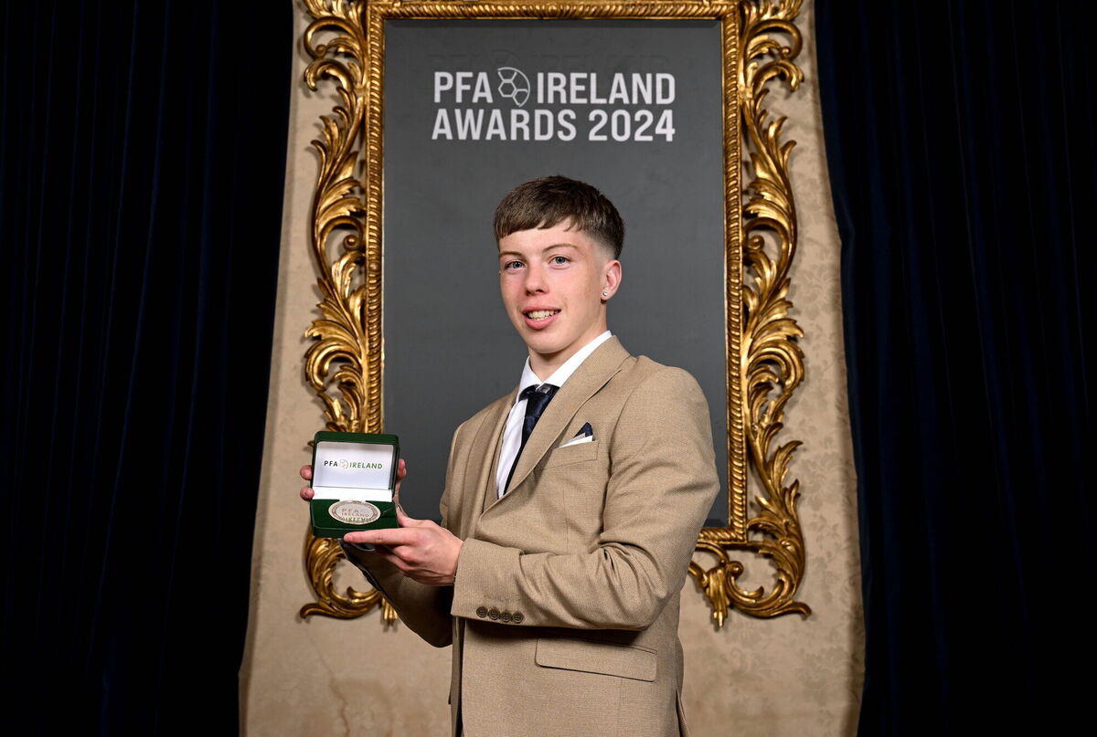 Cathal O'Sullivan of Cork City with his PFA Ireland Men’s First Division Team of the Year 2024 medal during the PFA Ireland Awards 2024 at The College Green Hotel in Dublin. Photo by Stephen McCarthy/Sportsfile Cathal O'Sullivan of Cork City with his PFA Ireland Men’s First Division Team of the Year 2024 medal during the PFA Ireland Awards 2024 at The College Green Hotel in Dublin. Photo by Stephen McCarthy/Sportsfile