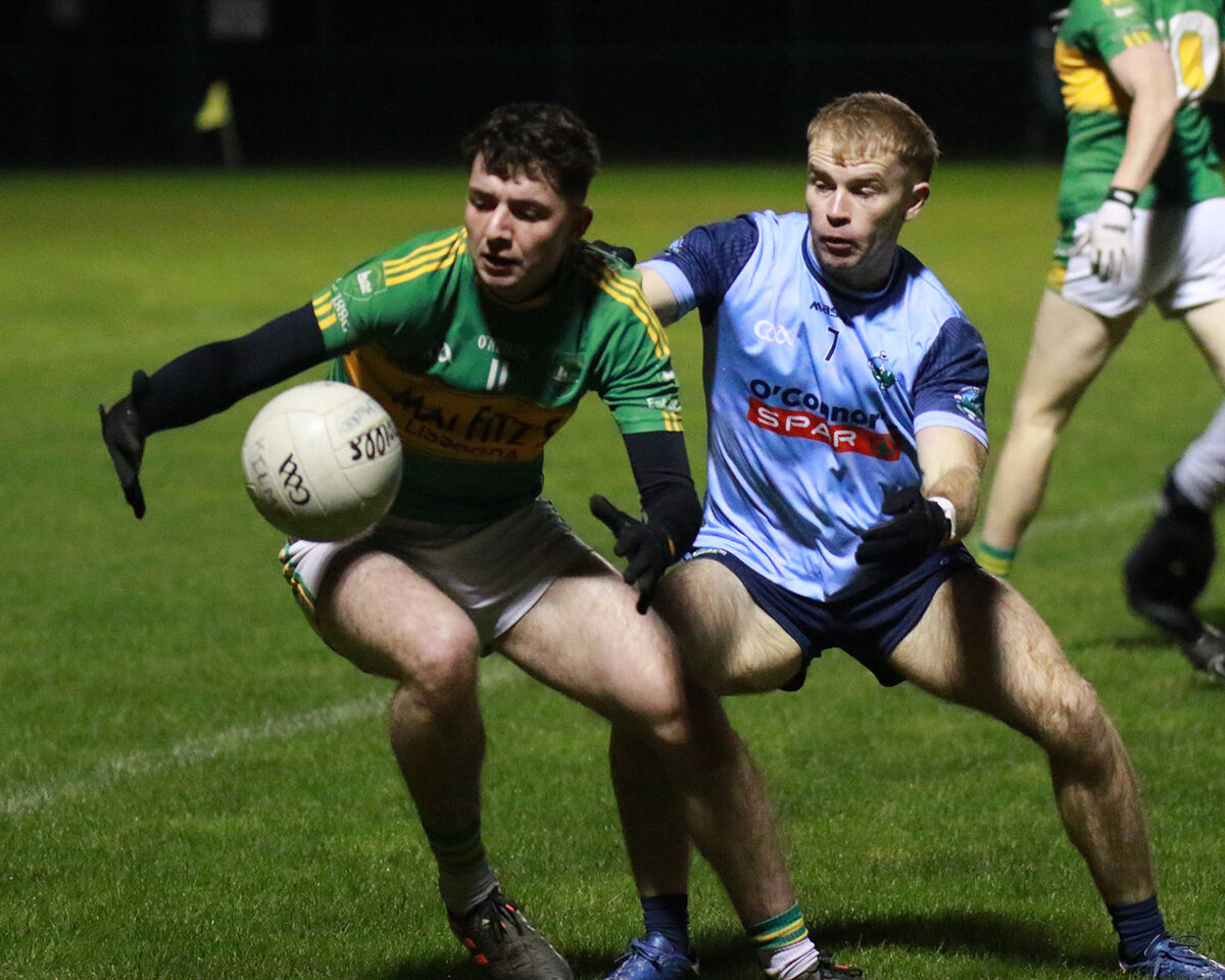 Kilmurry's Lawrence Asling in possession of the ball against Diarmuid O'Mahony of Firies in the Munster Club JFC final in Mick Neville Park, Rathkeale. Picture: Brendan Gleeson Kilmurry's Lawrence Asling in possession of the ball against Diarmuid O'Mahony of Firies in the Munster Club JFC final in Mick Neville Park, Rathkeale. Picture: Brendan Gleeson