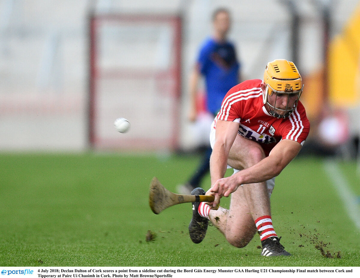 Declan Dalton of Cork scores a point from a sideline cut during the Bord Gáis Energy Munster GAA Hurling U21 Championship Final match between Cork and Tipperary at Pairc Ui Chaoimh in Cork. Picture: Matt Browne/Sportsfile