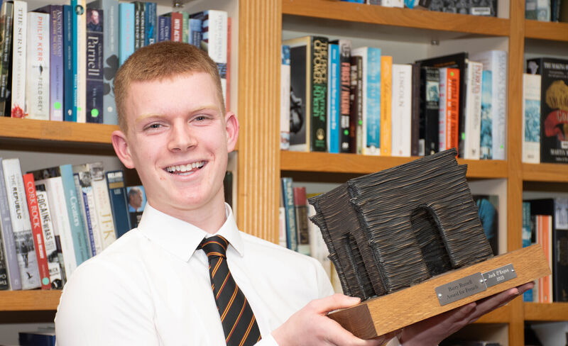 All smiles from Mark Scally as he is pictured with the Barry Russell Award for French at the recent CBC Awards Night. All smiles from Mark Scally as he is pictured with the Barry Russell Award for French at the recent CBC Awards Night.