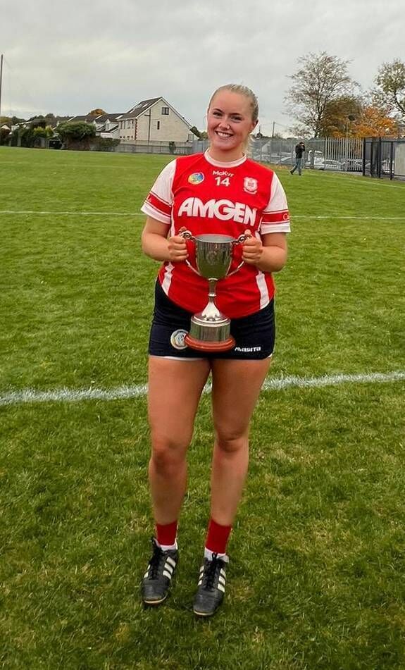 Eimear Hurley, formerly of St Finbarr's, with the trophy after Cuala's Dublin Senior 2 Camogie Championship final win.