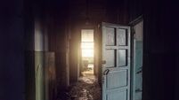 Dirty empty dark corridor in abandoned building, doors, light in the end, perspective, way to freedom