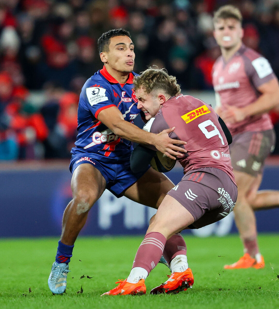 Munster's Craig Casey held up by Thibaut Motassi of Stade Francais Paris. Picture: INPHO/Nick Elliott Munster's Craig Casey held up by Thibaut Motassi of Stade Francais Paris. Picture: INPHO/Nick Elliott