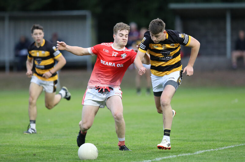 Urhan's Alan Elphic and Buttevant's John O'Neill chase the ball. Picture: David Creedon