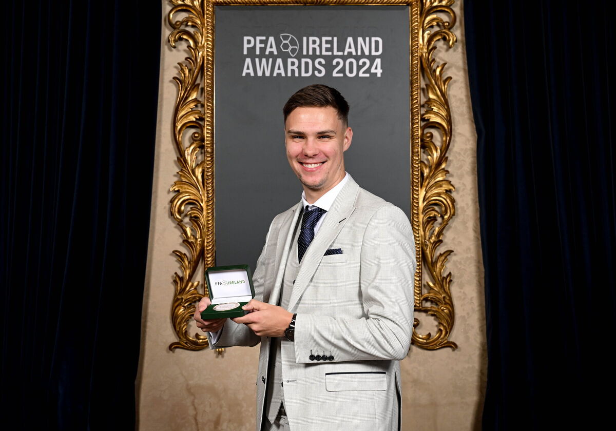 Cian Coleman of Cork City with his PFA Ireland Men’s First Division Team of the Year 2024 medal. Picture: Stephen McCarthy/Sportsfile